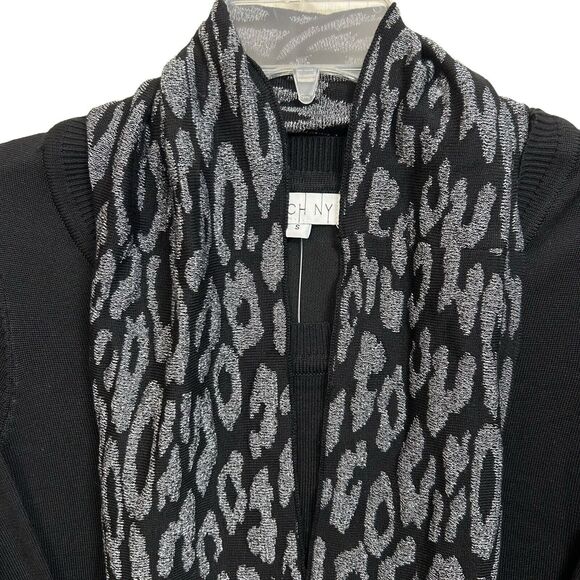 Birch NY Sweater Black Metallic Silver Animal Print Pull Over + Scarf-Size Small - Picture 2 of 7